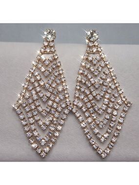 Gold Crystal Chevron Dangle Earrings Formal Sparkle wedding Bride 2”